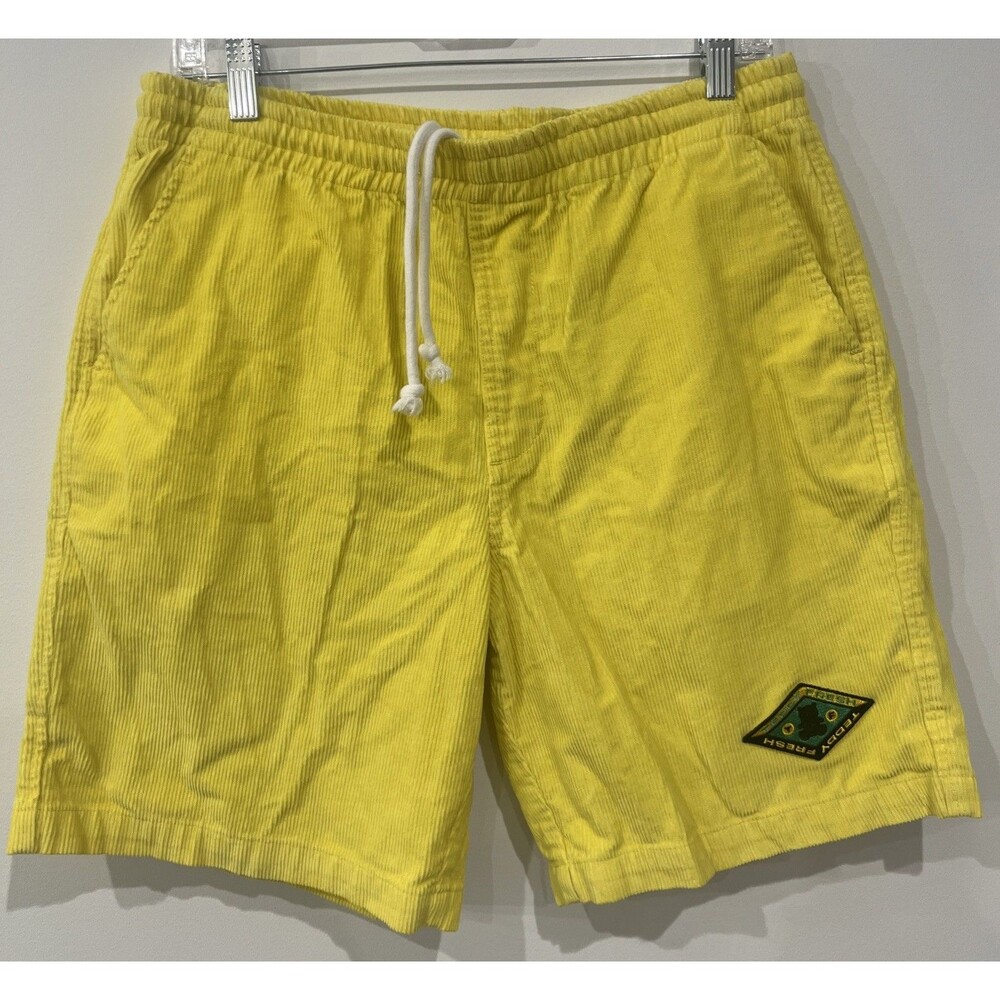 Teddy Fresh Corduroy Shorts Mens Medium Yellow Elastic Waist Logo Patch